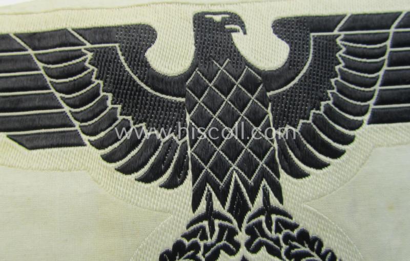 Attractive - and fairly large-sized! - example of a linnen-based N.S.D.A.P.-related sport-shirt badge (ie. 'Brustabzeichen für Sportanzug') as was executed in the neat 'BeVo-weave pattern and that still retains its period-attached 'RzM'-etiket