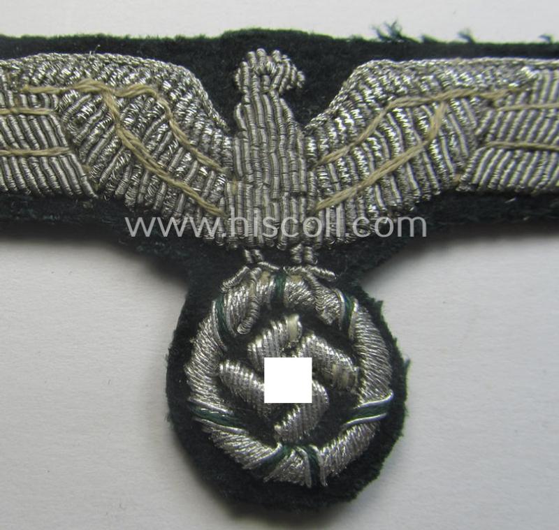 WH (Heeres) officers'-type, hand-embroidered breast-eagle (ie. 'Brustadler für Offiziere') as was executed in bright-silverish-coloured braid as was intended for usage on the various officers'-pattern tunics