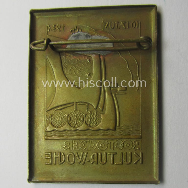 Commemorative, N.S.D.A.P.-related 'tinnie' depicting an illustration of a 'Viking-Schiff' coupled with the text: 'Rostocker Kulturwoche - 10.-17. Juni 1934'