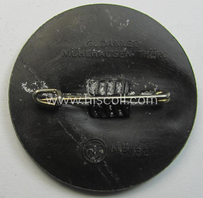 Commemorative, blackened-aluminium-based N.S.D.A.P.-related 'tinnie' depicting a: 'Deutschland Erwache'-banner surrounded by the text: '10 jährige Wiederkehr des Reichsparteitages Weimar - 1938'