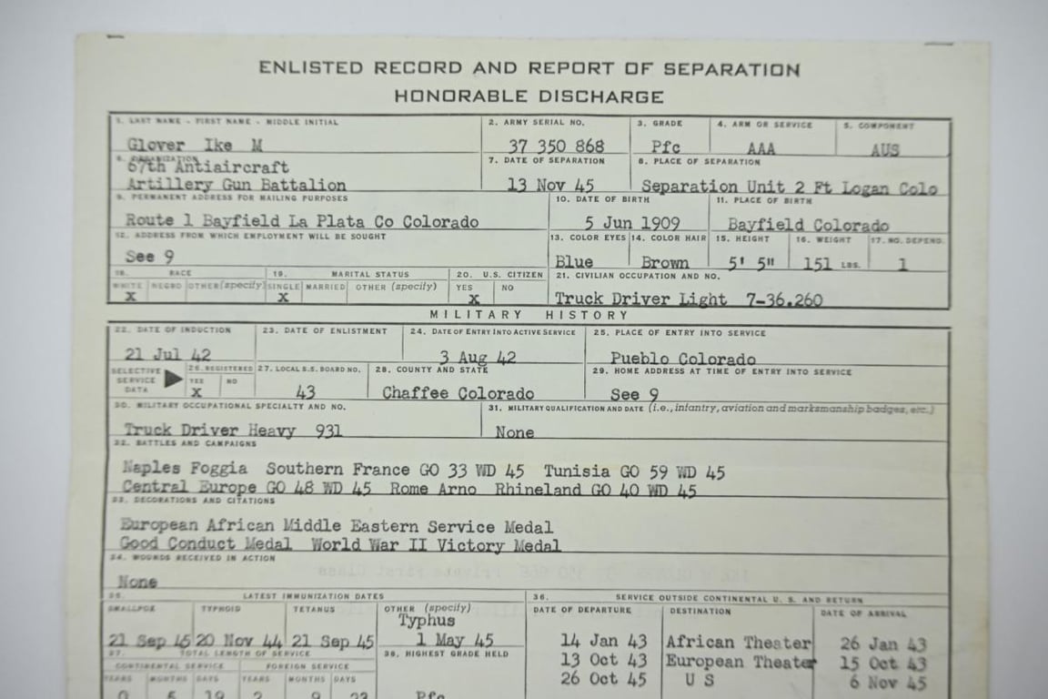 US WW2 HD papers Ike M Glover '67th AAA Gun Battalion'