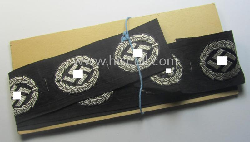 EM- (ie. NCO-) type, so-called: 'Schutzmannschaften' (or: 'Schuma') cap-badge as executed in greyish-coloured thread onto a black-coloured- (ie. 'SS-Polizei'- ie. 'SD'-related-) background