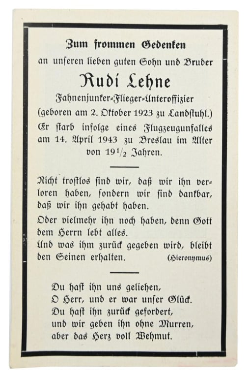German LW Deathcard 'Rudi Lehne'