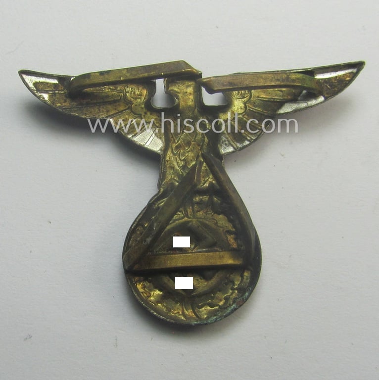 Silver-toned - and 'Buntmetall'-based - early-pattern, SS- o. SA-type, political visor- (ie. 'Schirmmützen'-) cap- (ie. 'Kepi'-) eagle being a (triple!) maker- (ie. 'RzM 53'-) marked example that comes in a used- ie. carefully cap-removed, condition
