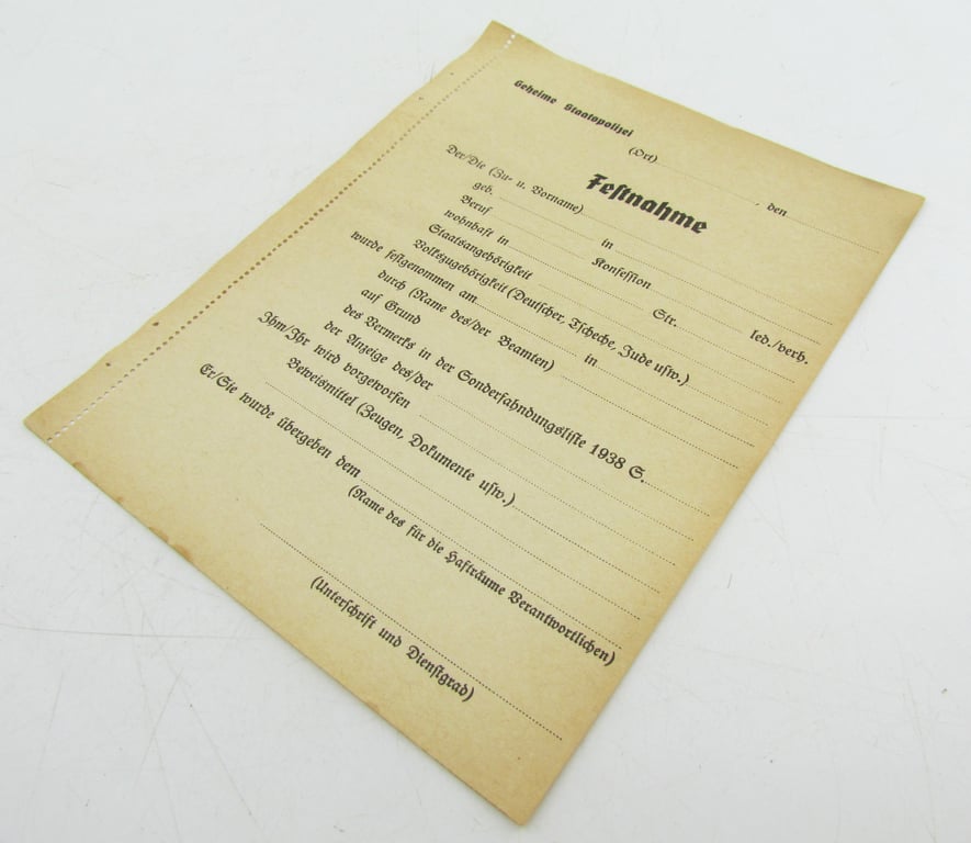 Blank Gestapo Arrest Report Form (Festnahme)