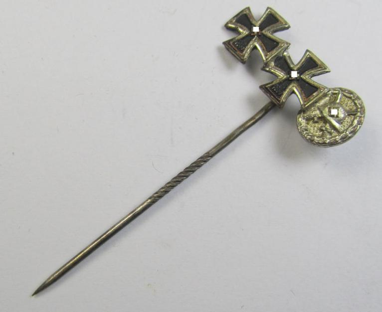 Detailed, 9-mm.-sized medal-lapel-pin, being a maker- (ie. 'L/57'-) marked example depicting respectively: an 'EK I. Klasse', an: 'EK II. Klasse' and a: 'Verwundeten-Abzeichen in Silber'