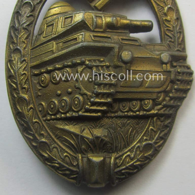 Superb, 'Panzerkampfabzeichen in Bronze' (or: bronze-class panzer-assault badge or PAB) being a clearly maker- (ie. 'AS' in a triangle-) marked- and/or typical zinc- (ie. 'Feinzink'-) based specimen as was procuced by a to date unknown maker