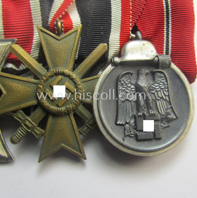 Superb, 3-pieced, WWII-period medal-bar (ie. 'Ordenspange') showing resp. an: 'EK II.Kl.', a: 'KvK II.Kl. m. Schw.' and a: 'Medaille Winterschlacht im Osten 1941-42'