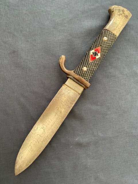 WW2 GERMAN HITLER YOUTH KNIFE WITH MOTTO AND RZM STAMPED 1938 M7/51 ANTON WINGEN JR. SOLINGEN