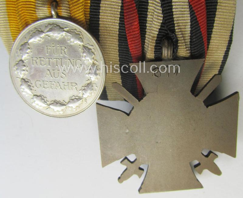 WWI- (ie. TR-) period 'Orden- o. Doppelspange' depicting a: 'Kriegsteilnehmerkreuz mit Schwn.' and a (scarcely seen!): 'Erinnerungsmedaille für Rettung aus Gefahr'