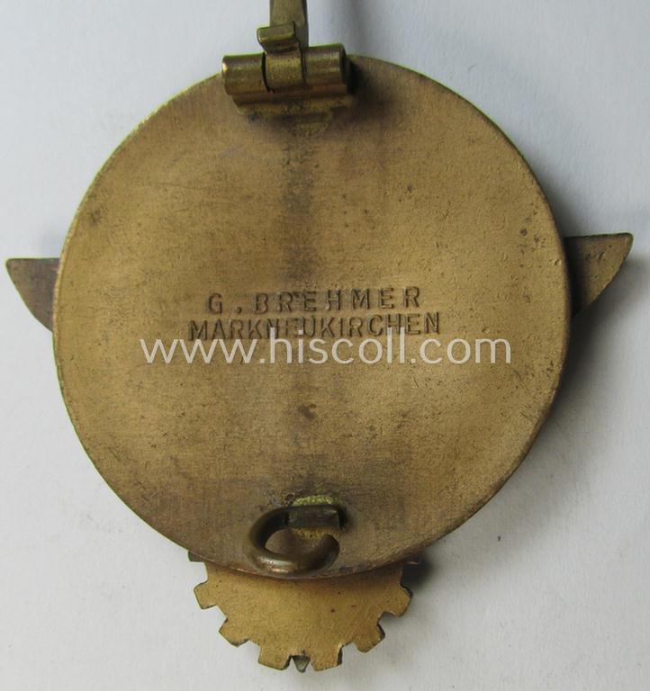 Superb, 'HJ'- ('Hitlerjugend') ie. 'BDM'- ('Bund Deutscher Mädel') related: 'Reichsberufswettkampf-Siegerabzeichen' (of the 2nd model) entitled: 'Kreissieger 1938' and being a neatly maker- (ie.: 'G. Brehmer'-) marked example