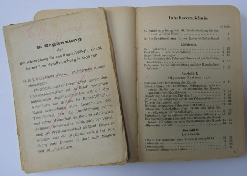Interesting - and most certainly scarcely encountered! - WH (Kriegsmarine) instruction-manual entitled: 'Betriebsordnung für den Kaiser-Wilhelm-(Nord-Ostsee-) Kanal' that comes with various additions and that is dated: '5-39'