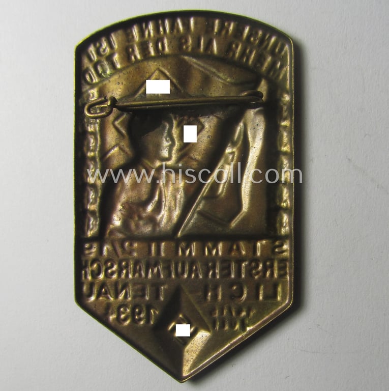 Superb, HJ- (Hitlerjugend-) related day-badge (ie. 'tinnie' or: 'Veranstaltungsabzeichen') as was issued to commemorate a HJ-related gathering named: 'Stamm II 2/19 - Erster Aufmarsch Lichtenau - 14.15. Juli 1934'