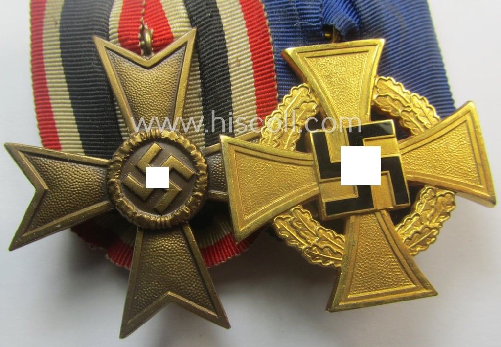 WWII- (ie. Third Reich-) period so-called: 'Orden- o. Doppelspange' (being of the 'non-detachable-pattern') showing resp. a: 'KvK II. Klasse ohne Schwertern' and a: 'Treuedienst Ehrenzeichen der 1. Kl.'