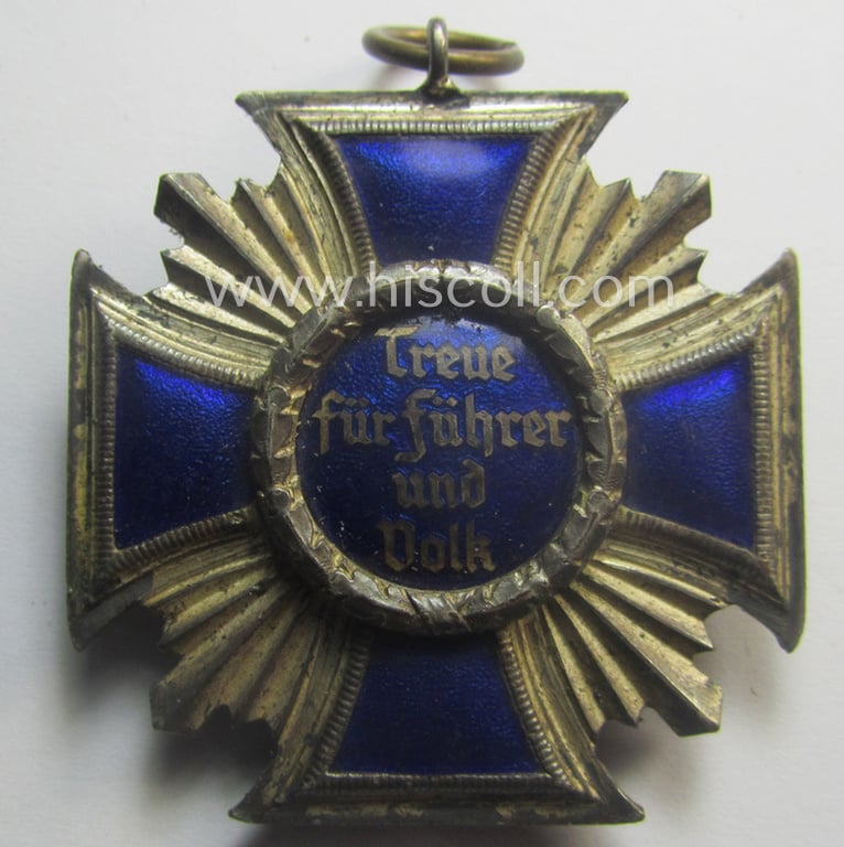 'N.S.D.A.P. Dienstauszeichnung in Silber' (ie. '2. Stufe für 15 Jahre t. D.') being a (typical) non-maker-marked- (and 'regular-weight') example that comes together with its period - albeit shortened - ribbon as issued- and/or worn