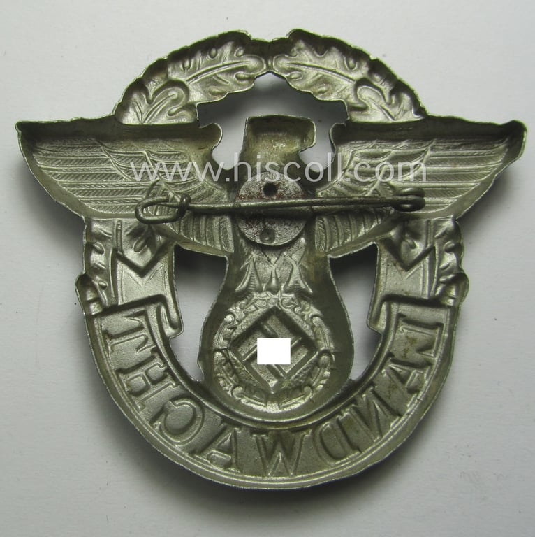 Attractive - and typical zinc- ie. 'Feinzink'-based - 'Polizei'- (ie. police) eagle-badge being a silverish-grey-coloured- and/or non-maker-marked example depicting the text: 'Landwacht'