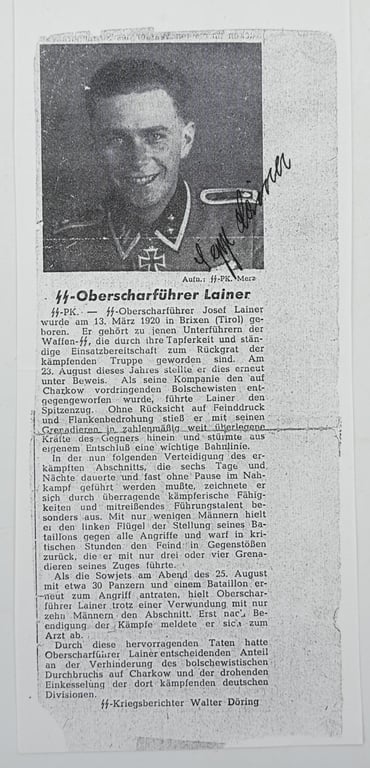 Signature of Waffen-SS KC Recipient 'Sepp Lainer'