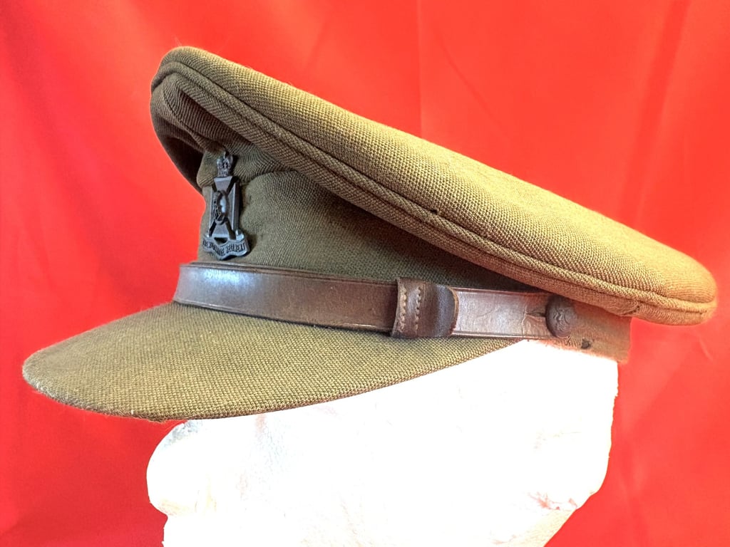 BRITISH WWII WILTSHIRE REGIMENT OFFICERS VISOR CAP, BELT AND CROSS STRAPS.