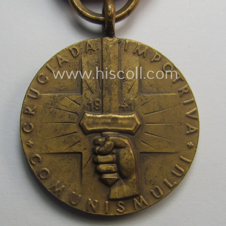 Romanian, WWII-period medal: 'Kreuzzug gegen den Kommunismus' (or in Romanian language: 'Medalia - Crusiada Impotriva Communismului') that comes mounted onto its original (and neatly pre-confectioned!) ribbon as issued