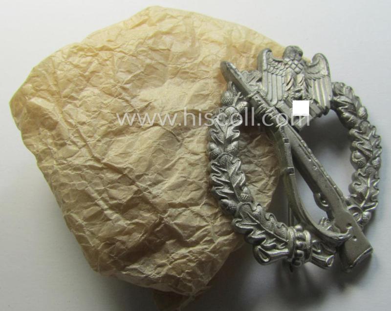 Stunning - and 'virtually mint'! - 'Infanterie Sturmabzeichen in Silber' being a maker- (ie. 'W.H.'-) marked, 'solid-back' example by the Austrian-based maker: 'Wilhelm Hobacher' as was executed in bright silver-coloured, zinc-based metal