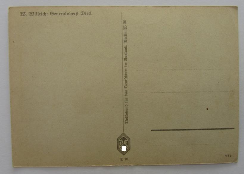 Nice and semi-colourfull, so-called: 'Willrich'-type period picture-postcard from the famous 'Ritterkreuzträger'-series, depicting the 'Generaloberst u. Gebirgsjäger' Dietl - overall very nice (ie. virtually mint-, unissued!)  condition!