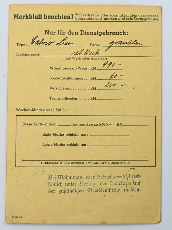 German DAF 'KdF' Saving Card