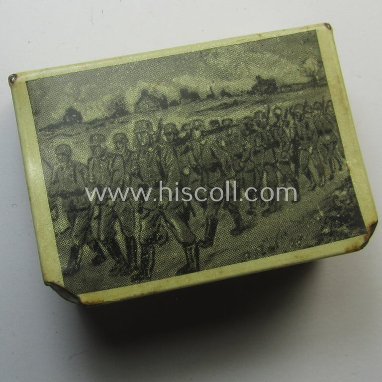 Neat - and never before seen! - metal-based, WH (Heeres) 'souvenir' match-box holder showing the text: 'Kriegsjahre 1939/41' and showing a picture of marching troops and steelhelmet and iron cross