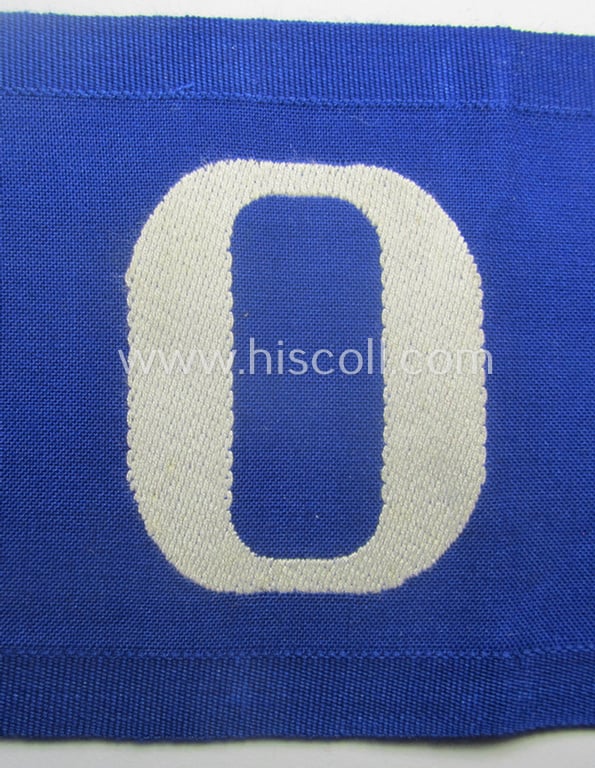 Attractive - and scarcely found! - EM- (ie. NCO-) pattern, 'Reichsluftschutzbund' (ie. 'RLB'-) service-armband showing a period-attached capital 'O'-character as was intended for usage by a member serving as an: 'RLB-Ortner' (ie. caretaker)