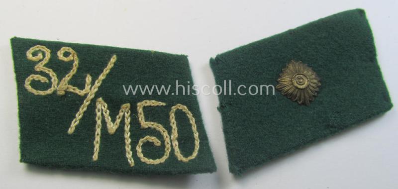 SA (ie. 'Sturmabteilungen') collar-patch-pair (ie. 'Kragenspiegelsatz') as executed in darker-green-coloured wool as was intended for an: 'SA-Scharführer' serving within the 'SA-Standarte M50' ('SA-Gruppe Kurpfalz o. Nordsee')