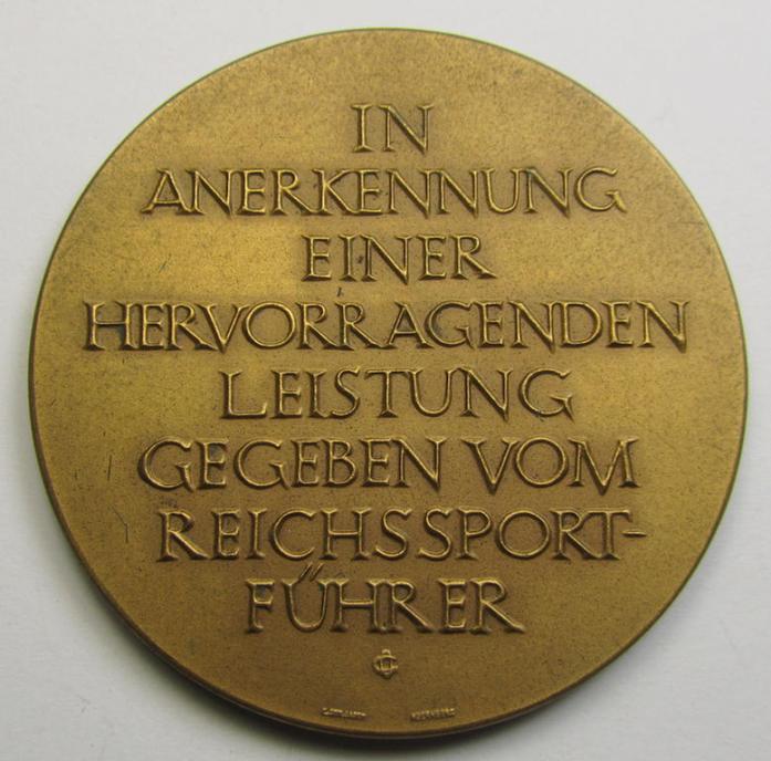 Golden-bronze-toned, so-called: 'Nichttragbarer Ehrenpreis des Reichssportführer von Tschammer und Osten' (ie. commemorative-plaque) entitled: 'Für hervorragende Leistung'