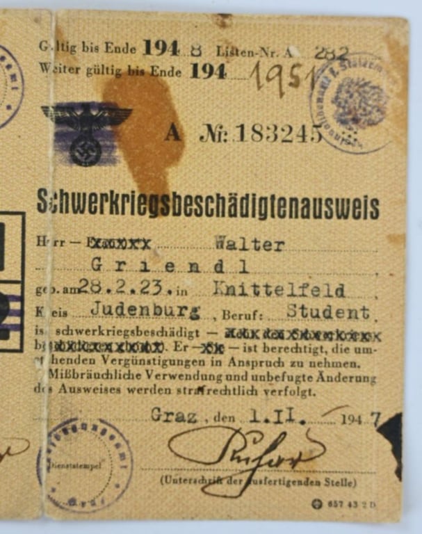 German War Disable ID Card