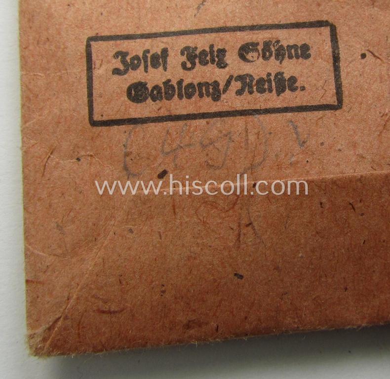 WH (Heeres- ie. Waffen-SS) 'Infanterie-Sturmabzeichen in Bronze' (or bronze-class IAB) being a neatly maker- (ie. 'JFS'-) marked example that comes stored in its (rarely seen!) 'Zellstoff'-based pouch