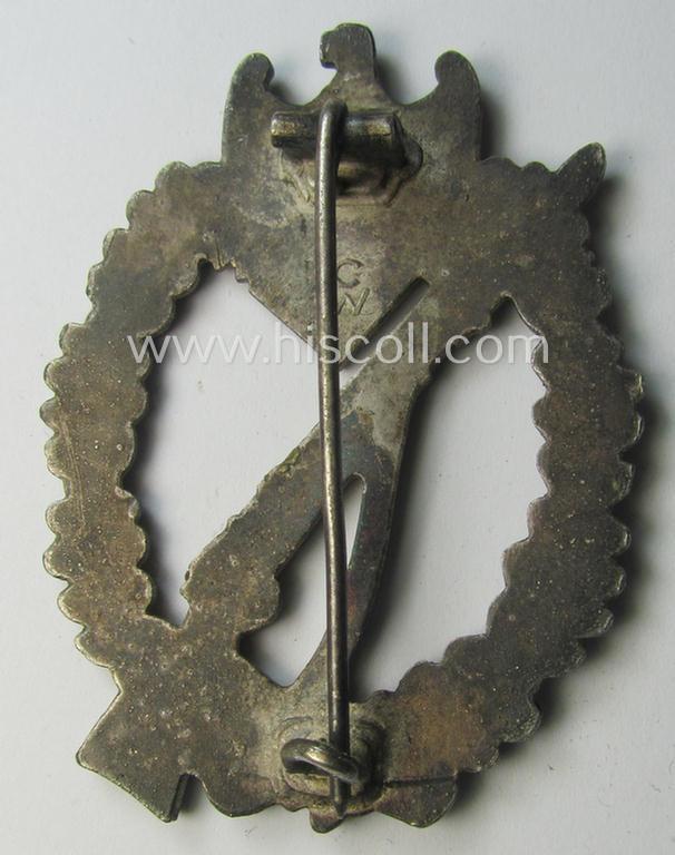 Attractive, 'Infanterie-Sturmabzeichen in Silber' (or: silver-class infantry-assault badge ie. IAB) being a neatly maker- (ie. 'C.W'- or: 'Carl Wild'-) marked example as executed in truly 'frosted', silverish-grey-coloured 'Feinzink'