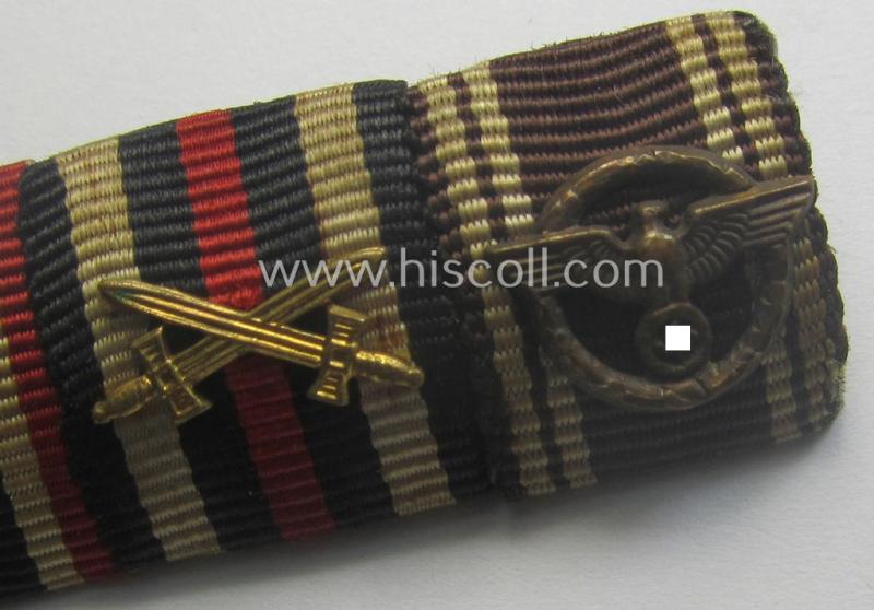 4-pieced, WWI- (ie. WWII- or: TR-) period ribbon-bar (ie. 'Feld- o. Bandspange') showing an: 'EKII. Kl.', a: 'KvK II.Kl. o. S., a: 'FKK m. Schw.' and an: 'N.S.D.A.P. DA in Bronze' (ie. '3. Stufe für 10 Jahre t. Dienste')