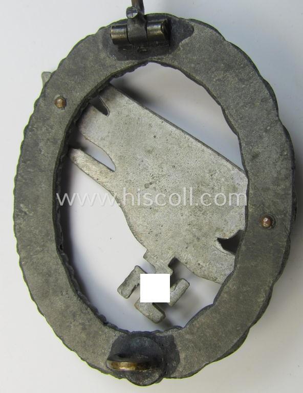 Attractive - and I deem mid- (ie. later-) war-period - zinc- (ie. 'Feinzink'-) based version of a WH (Luftwaffe) 'Fallschirmschützen-Abzeichen' (being a non-maker-marked, 'Type H'-pattern example as was produced by the: 'C.E. Juncker'-company...