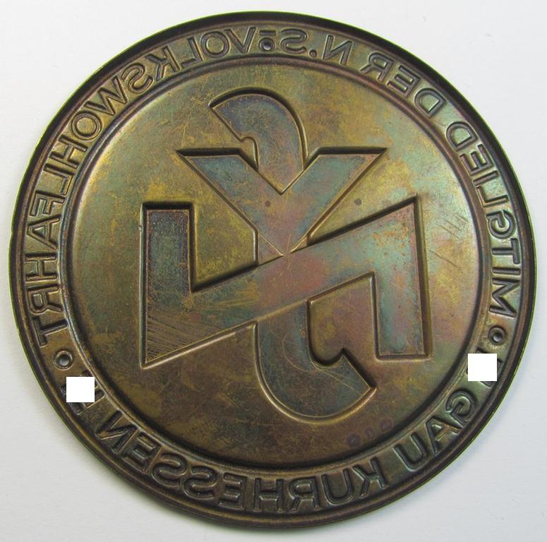 Attractive - and very detailed! - neatly reddish-bronze-coloured (and I deem copper-toned- ie. 'tin-metal'-based-) so-called: 'door-plaque' (ie. 'Türplakette') entitled: 'Mitglied der N.S.-Volkswohlfahrt' (N.S.V.) - Gau Kurhessen'