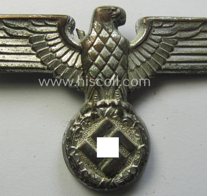 Attractive, just moderately used- and silverish-coloured- (and/or: 'Buntmetall'-based) (political-style) visor- (ie. 'Schirmmützen'-) cap-eagle being a detailed example that is neatly: 'RzM' and/or 'M1/24' marked on its back