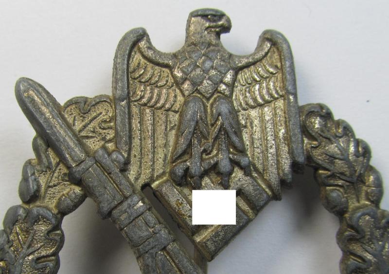 Attractive, 'Infanterie Sturmabz. in Silber' (or: silver-class infantry assault badge ie. IAB) being a detailed albeit unmarked example (of the 'long-barrel-hinge'-variant) as executed in 'Feinzink' as produced by the: 'Steinhauer & Lück'-com...
