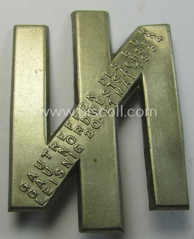 Attractive - and scarcely encountered! - 'BDM'-related day-badge (ie. 'tinnie' or: 'Veranstaltungsabzeichen') as issued to commemorate a BDM-related gathering entitled: 'Gautreffen des B.D.M. - Gau Nordwest Sachsen - Leisnig - 20.-21.Mai 1934...