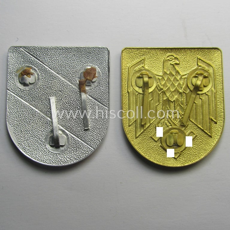 Pair of regrettably incomplete, WH (Kriegsmarine) tropical, aluminium-based eagle-'pith-helmet'-shields