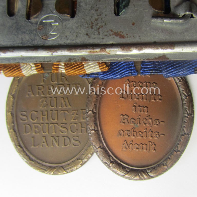 2-pieced RAD- (ie. 'Reichsarbeitsdienst'-) related medal-bar (ie. 'Orden- o. Doppelspange') showing resp. a: 'Dienstauszeichnung 4. Stf. für Männer' and a: 'Deutsches Schutzwall Ehrenzeichen' (aka: 'Westwall'-medal)