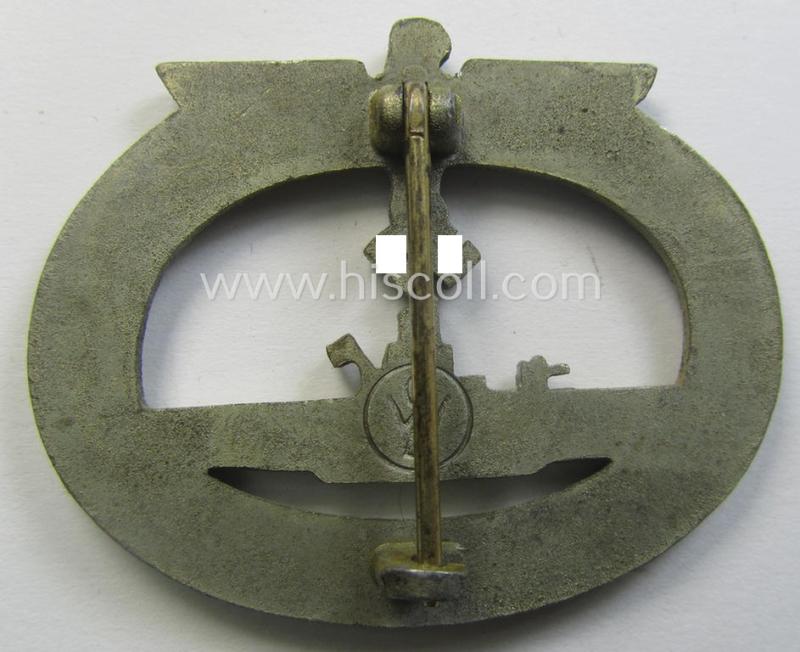 Later-war-period, WH (Kriegsmarine), typical zinc- (ie. 'Feinzink'-) based, so-called: 'U-Bootkriegsabzeichen' (or: U-boat war-badge) being a clearly maker- (ie. 'GWL'-) marked example as was produced by the: 'Gebrüder Wegerhoff'-company