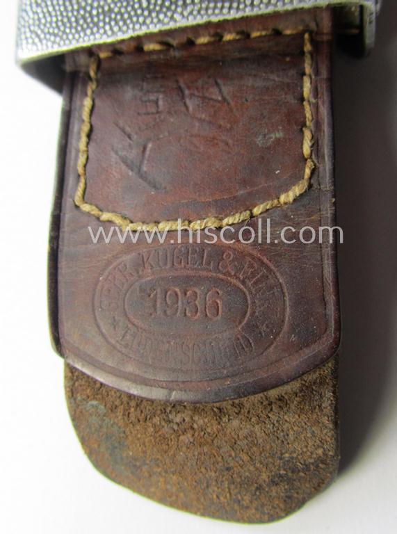 Attractive - albeit truly used! - WH (Heeres) 'standard-pattern', field-grey-toned- and aluminium-based belt-buckle being a non-maker-marked example that comes mounted onto its 'Gebr. Kugel & Fink'-marked and/or '1936'-dated tab