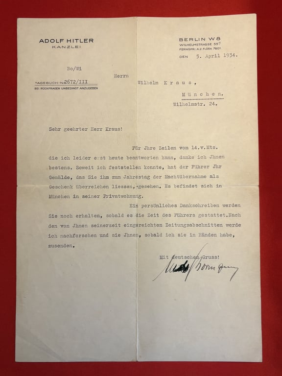 GERMAN WWII VERY RARE ADOLF HITLER AND ALBERT BORMANN HAND SIGNED AUTOGRAPH LETTERS SIGNED COLLECTION, REGARDING ART WORK.