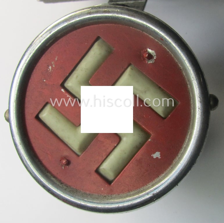 Very unusual - and never before seen! - TR-era 'Nazi-Kitsch'-item: a chromed-metal-based bicycle- (or: motor-cycle-) tail-light showing a white swastika onto a red-coloured and semi-transparant background