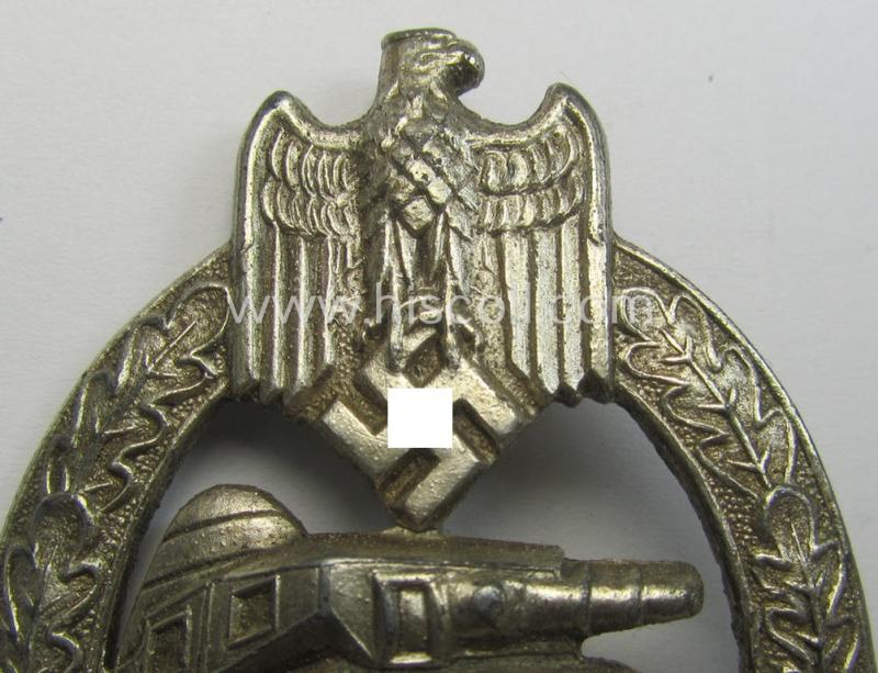 'Panzerkampfabzeichen in Silber' (or: silver-class panzer-assault badge or PAB) being a clearly maker- (ie. 'AS'-) marked- and/or zinc- (ie. 'Feinzink'-) based specimen, as was procuced by the: 'Adolf Scholze'- (ie. 'A.S.'-) company