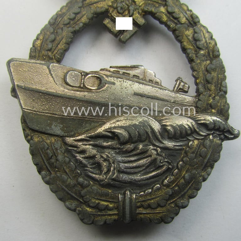 Superb, WH (Kriegsmarine) so-called: 'Kriegsabzeichen für Schnellboote - 2. Modell' (or: E-boat-war-badge of the 2nd model) being a maker- (ie. 'Fec. W.E. Peekhaus'-) marked example as was produced by the: 'Schwerin'-company