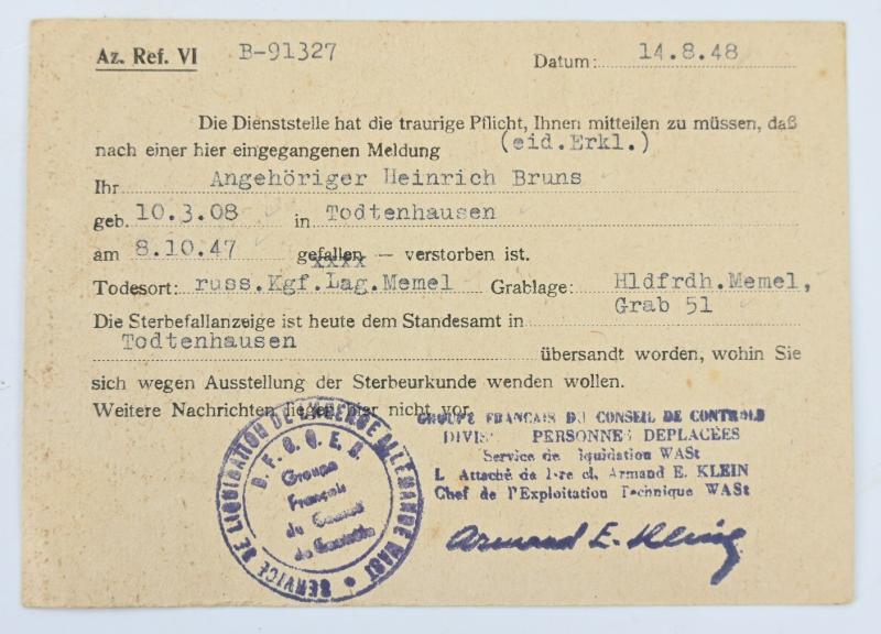 German POW Soldier Death Card