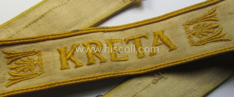 Superb, WH (LW o. Heeres) cuff-title (ie. 'Ärmelstreifen') entitled: 'Kreta' (being a wonderful- and totally non-shortened example that comes in a truly issued- ie. I deem once tunic-attached, condition)