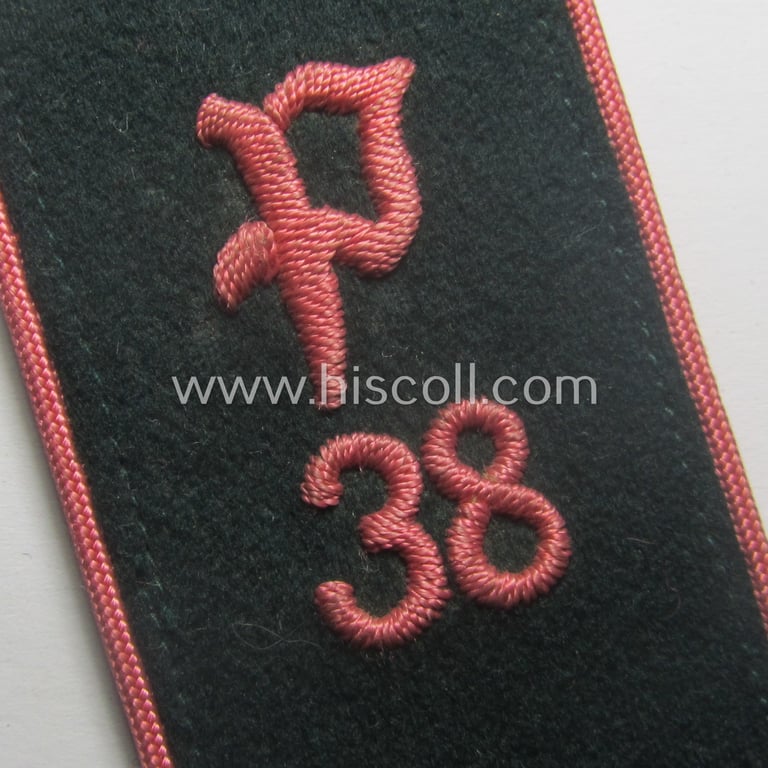 Single, early-war-period (ie. 'M40'-pattern) WH (Heeres) 'cyphered', EM-type shoulderstrap as was intended for a: 'Soldat u. Mitglied des Panzerjäger-Abtlgs. 38'